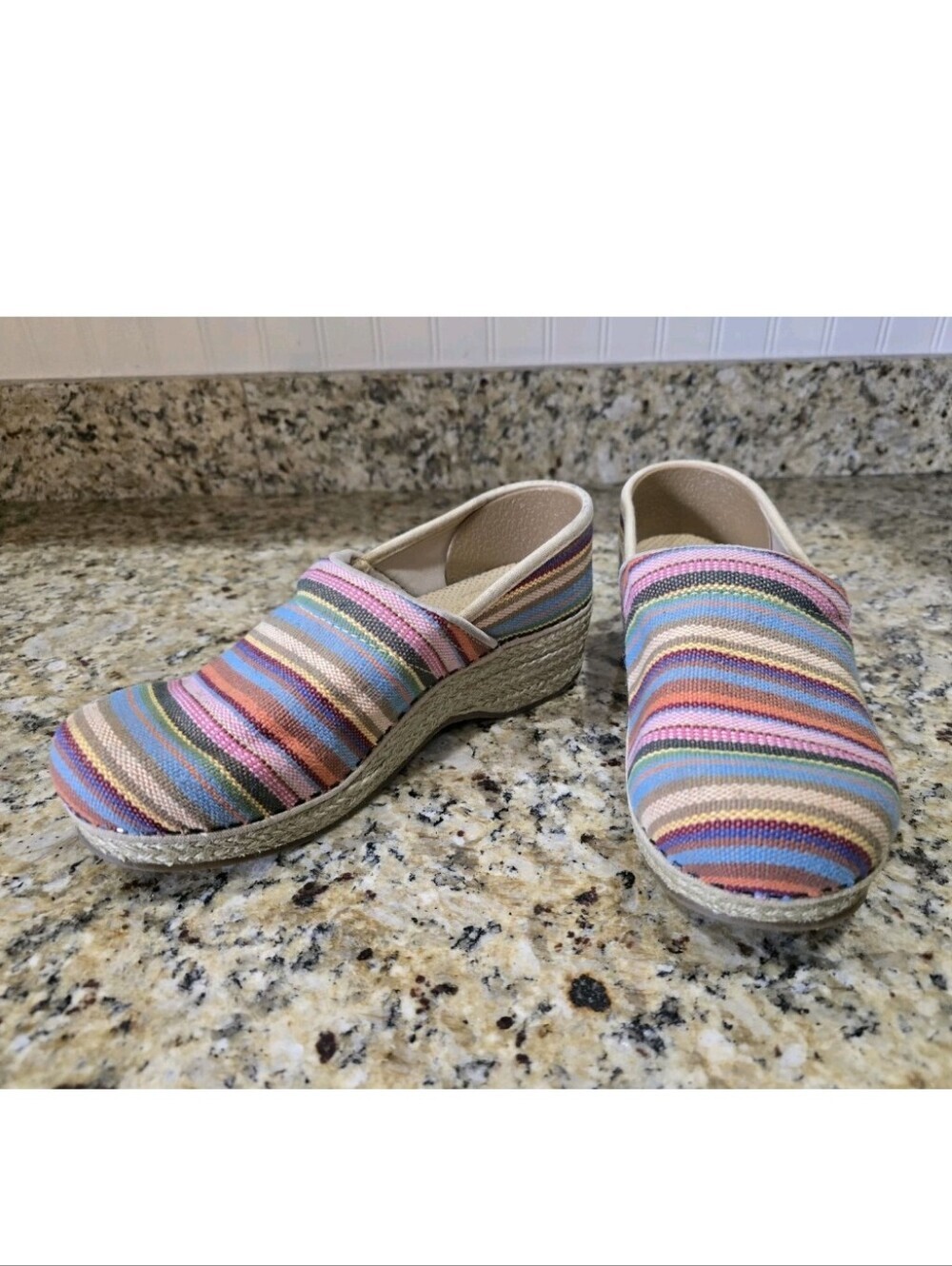 DANSKO Women's US 7 EUR 37 Rainbow Striped Canvas Vegan Clogs Platform Wicker